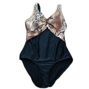 Thinspiration  One-Piece Swimsuit Size 14  Black Gold Animal Print Built In Bra